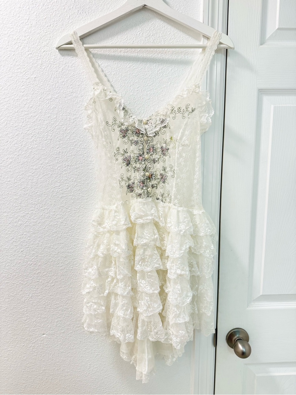 Vintage lace floral embroidered ruffles minisheer dress y2k victorian Sz M white